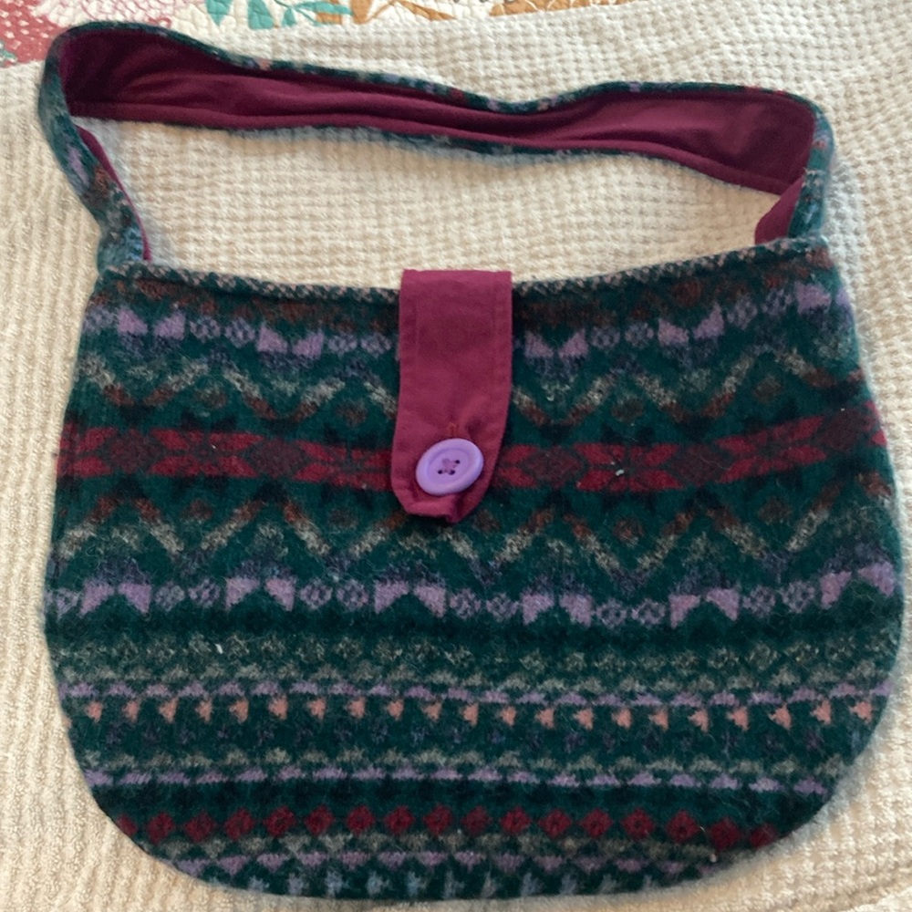 Wool Patterned Shoulder Bag in Green and Plum